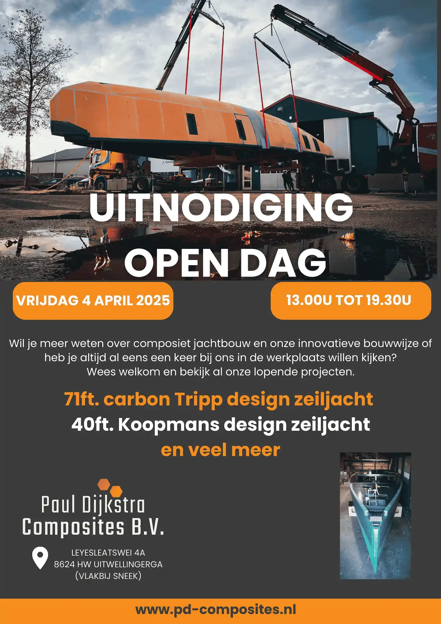 Invitation to an open day featuring a boat hull suspended from a crane