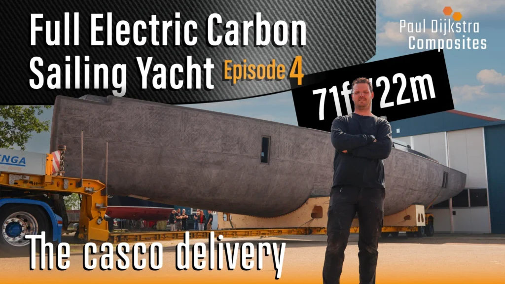 Videominiatuur over de oplevering van het casco van een elektrisch carbon zeiljacht
